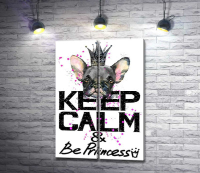 Голова бульдога виднеется над надписью "keep calm and be princess"