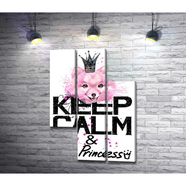 Рожевий померанський шпіц з ажурною короною над написом "keep calm and be princess"