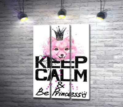 Модульная картина "Розовый померанский шпиц с ажурной короной над надписью "keep calm and be princess""