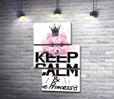 Рожевий померанський шпіц з ажурною короною над написом "keep calm and be princess"