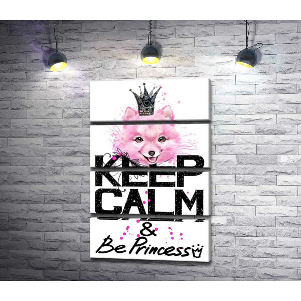 Розовый померанский шпиц с ажурной короной над надписью "keep calm and be princess"