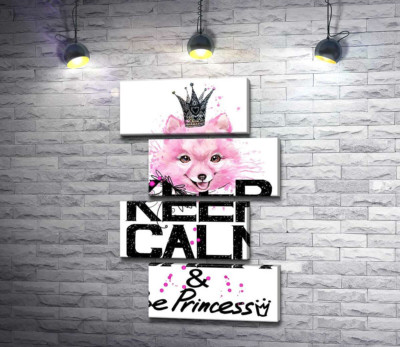Рожевий померанський шпіц з ажурною короною над написом "keep calm and be princess"