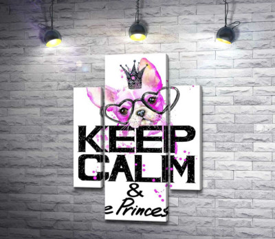 Модульная картина "Розовый бульдог в очках и короне над надписью "keep calm and be princess""