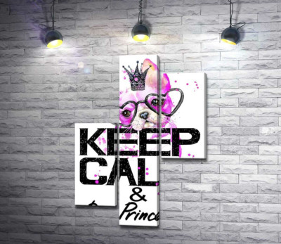 Рожевий бульдог в окулярах та короні над написом "keep calm and be princess"