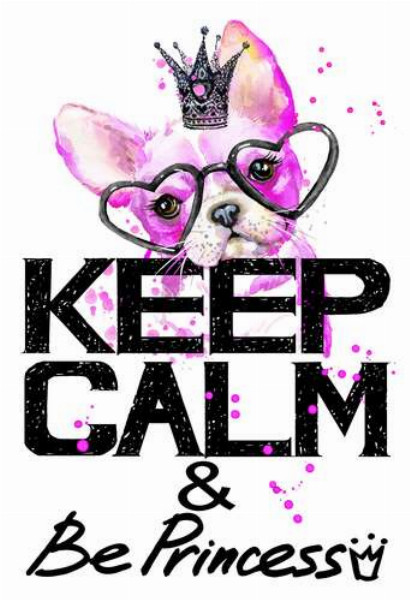 Рожевий бульдог в окулярах та короні над написом "keep calm and be princess"