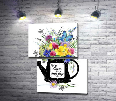 Букет польових квітів у чорній лійці з написом "have a nice day" 