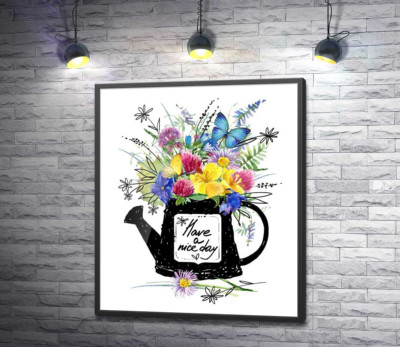 Постер "Букет польових квітів у чорній лійці з написом "have a nice day" "