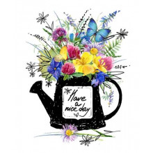 Букет польових квітів у чорній лійці з написом "have a nice day" 