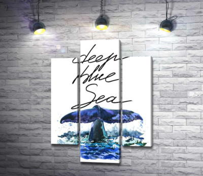 Модульна картина "Хвіст кита над водною поверхнею поряд з написом "deep blue sea""