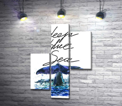 Модульна картина "Хвіст кита над водною поверхнею поряд з написом "deep blue sea""