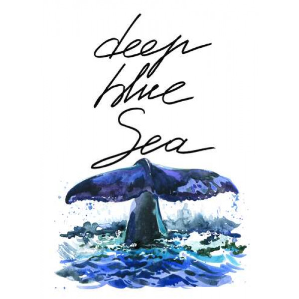 Хвіст кита над водною поверхнею поряд з написом "deep blue sea"