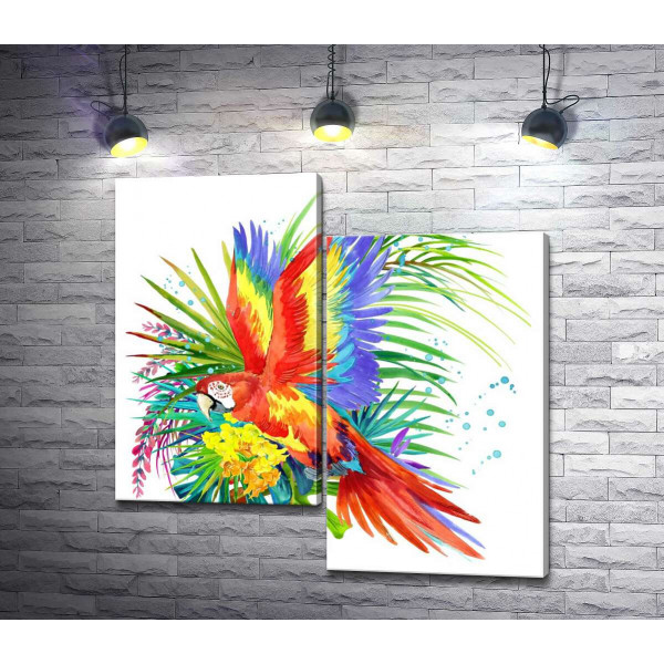 Попугай ара среди тропических цветов
