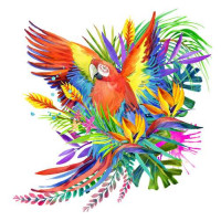 Попугай ара маскируется среди тропического разнообразия цветов