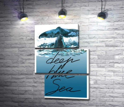 Модульна картина "Кит пірнає у блакитні води океану з написом "deep blue sea""