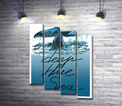 Кит ныряет в голубые воды океана с надписью "deep blue sea"