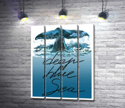 Кит пірнає у блакитні води океану з написом "deep blue sea"
