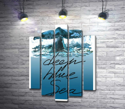 Кит пірнає у блакитні води океану з написом "deep blue sea"