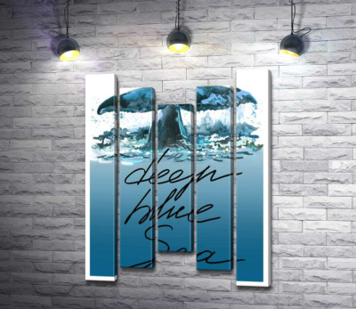 Модульная картина "Кит ныряет в голубые воды океана с надписью "deep blue sea""