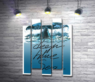 Кит ныряет в голубые воды океана с надписью "deep blue sea"