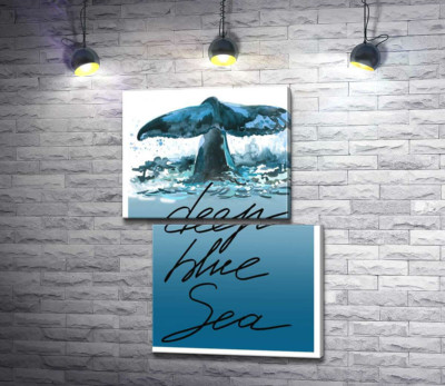 Кит пірнає у блакитні води океану з написом "deep blue sea"