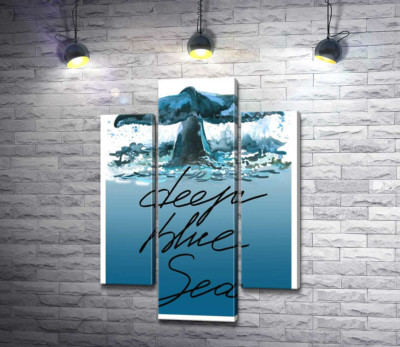 Кит пірнає у блакитні води океану з написом "deep blue sea"
