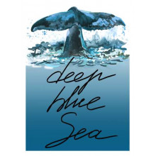 Кит ныряет в голубые воды океана с надписью "deep blue sea"