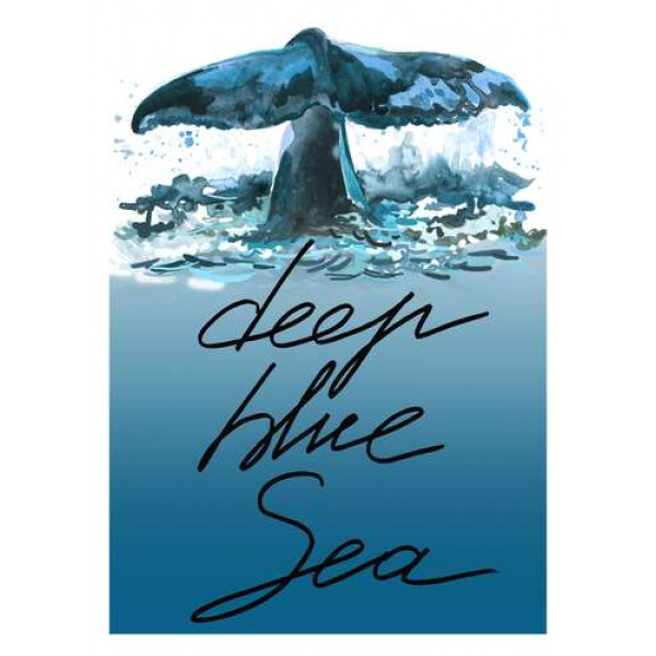Кит пірнає у блакитні води океану з написом "deep blue sea"