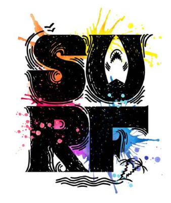 Чорні літери "surf" на яскравому фоні