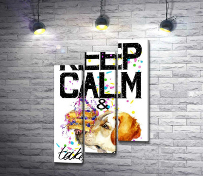 Собака з тортом на носі серед напису " keep calm and take a cake"