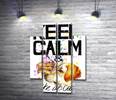 Модульна картина "Собака з тортом на носі серед напису " keep calm and take a cake""