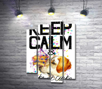 Собака з тортом на носі серед напису " keep calm and take a cake"