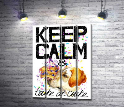 Собака с тортом на носу среди надписи " keep calm and take a cake "