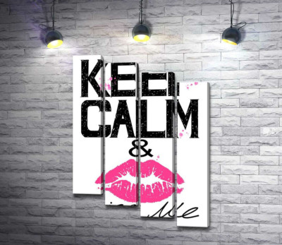 Модульная картина "Розовый отпечаток губ среди надписи "keep calm and kiss me""