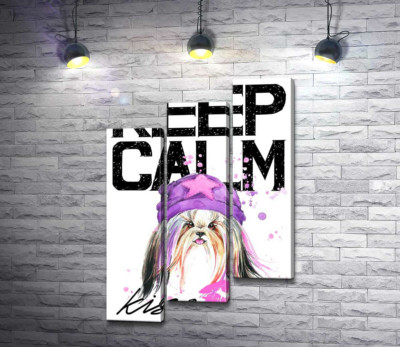 Модная собака среди надписи "keep calm and kiss me"