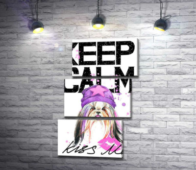 Модульная картина "Модная собака среди надписи "keep calm and kiss me""