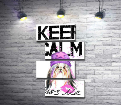 Модульная картина "Модная собака среди надписи "keep calm and kiss me""