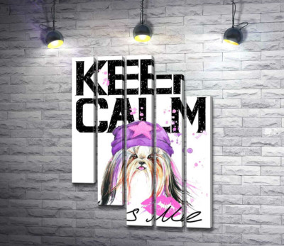 Модульная картина "Модная собака среди надписи "keep calm and kiss me""