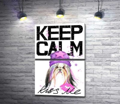 Модульная картина "Модная собака среди надписи "keep calm and kiss me""