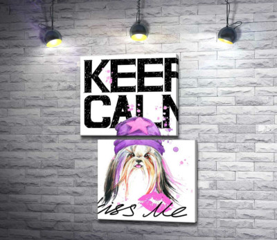 Модульна картина "Модна собака серед напису "keep calm and kiss me""