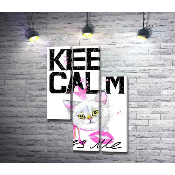 Белая кошка-принцесса среди надписи "keep calm and kiss me"