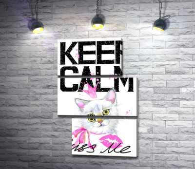 Белая кошка-принцесса среди надписи "keep calm and kiss me"