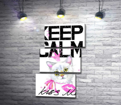 Біла кішка-принцеса серед напису "keep calm and kiss me"