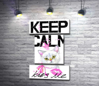 Модульна картина "Біла кішка-принцеса серед напису "keep calm and kiss me""