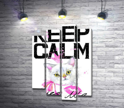 Белая кошка-принцесса среди надписи "keep calm and kiss me"