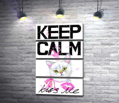 Белая кошка-принцесса среди надписи "keep calm and kiss me"