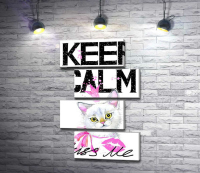 Біла кішка-принцеса серед напису "keep calm and kiss me"