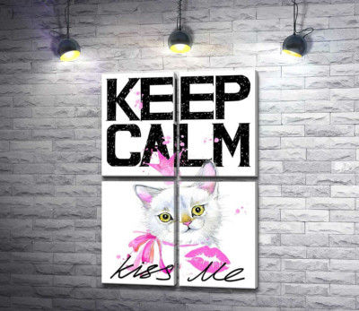 Модульная картина "Белая кошка-принцесса среди надписи "keep calm and kiss me""