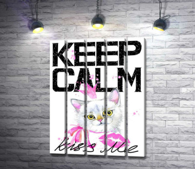 Белая кошка-принцесса среди надписи "keep calm and kiss me"
