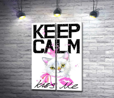 Біла кішка-принцеса серед напису "keep calm and kiss me"