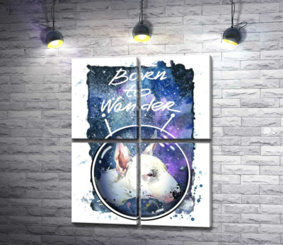 Белый бультерьер в шлеме космонавта под надписью "born to wander"